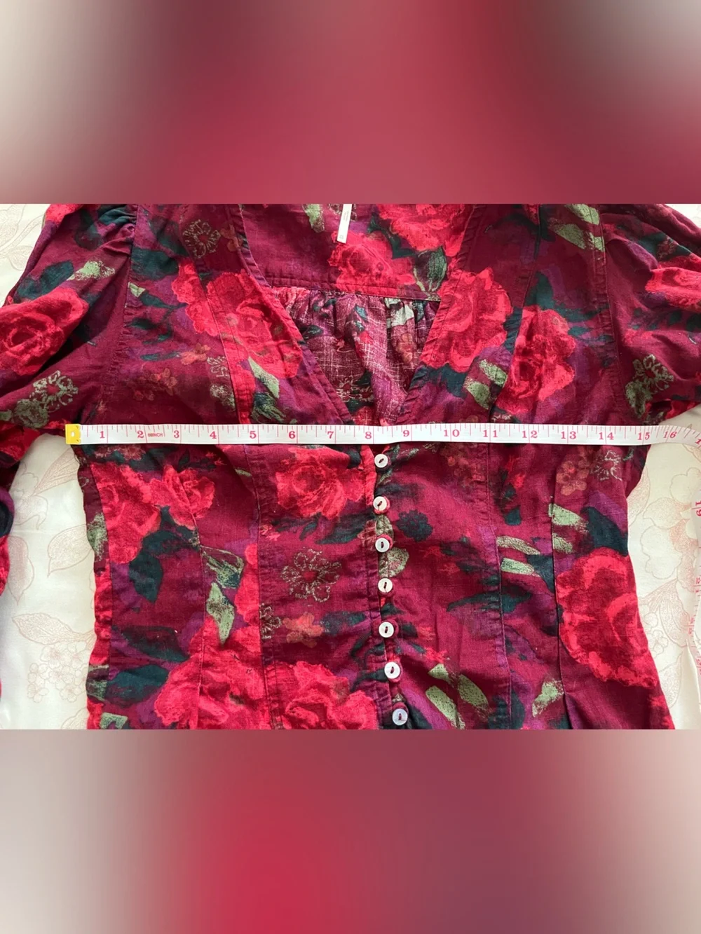 Free People Floral V-Neck Button Front Blouse in Red XS